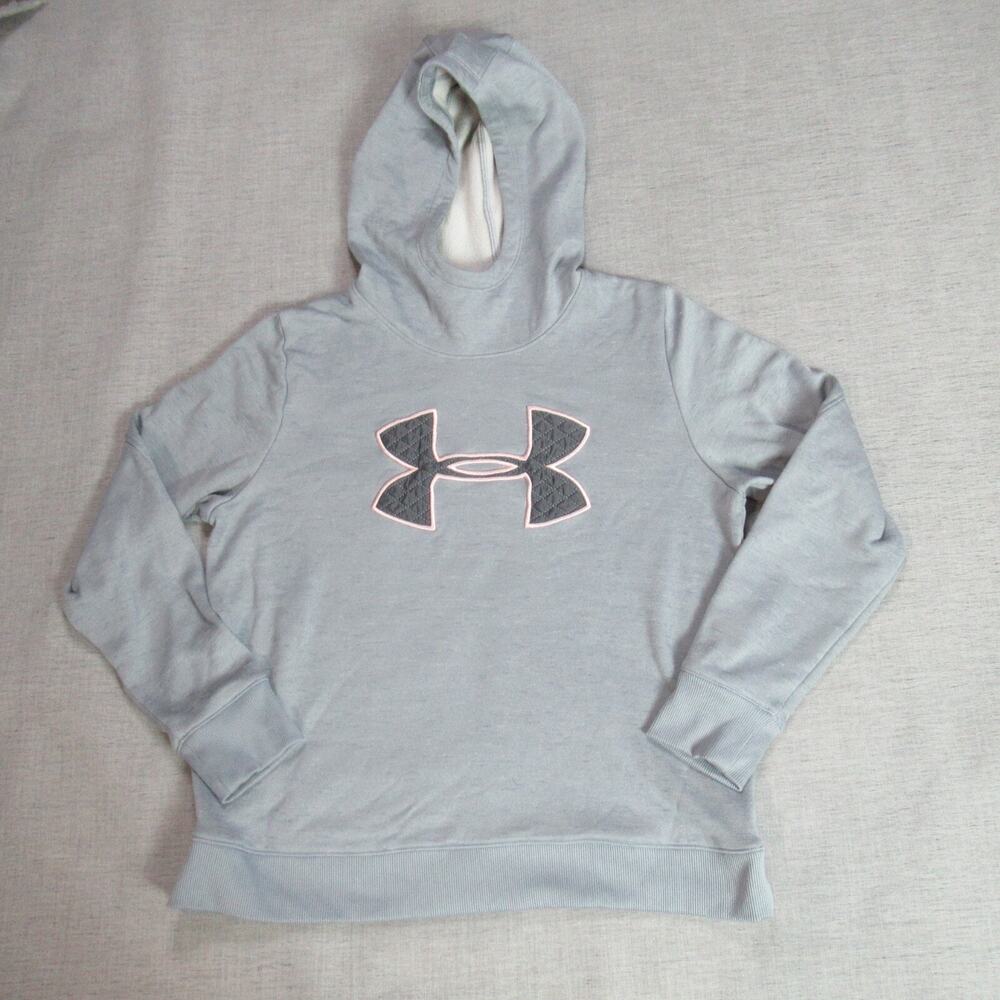 Under Armour Hoodie Sweatshirt Girls Size L Gray Fleece Lined Big Logo Pullover